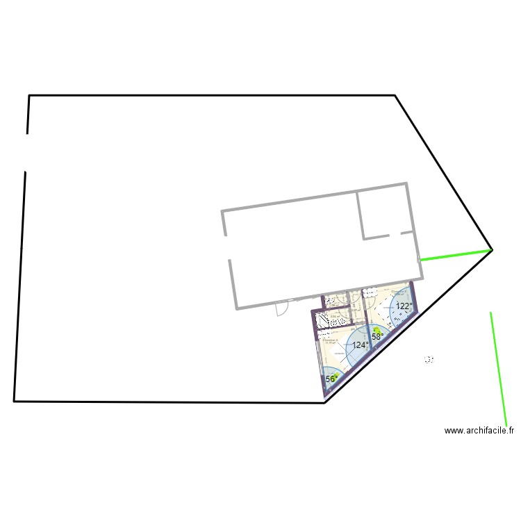 Triangle 2 Ch 30 M2 variante avec mur. Plan de 5 pièces et 29 m2