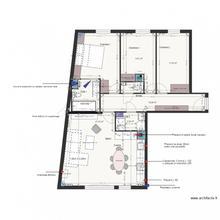 Plan projet 3 aménagement appartement. Plan de 0 pièce et 0 m2