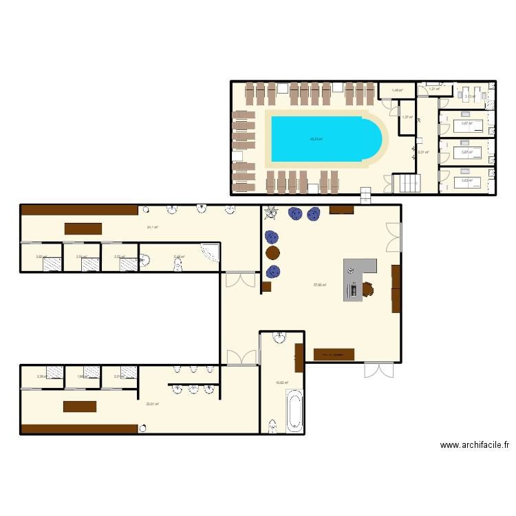 bluspa. Plan de 20 pièces et 214 m2