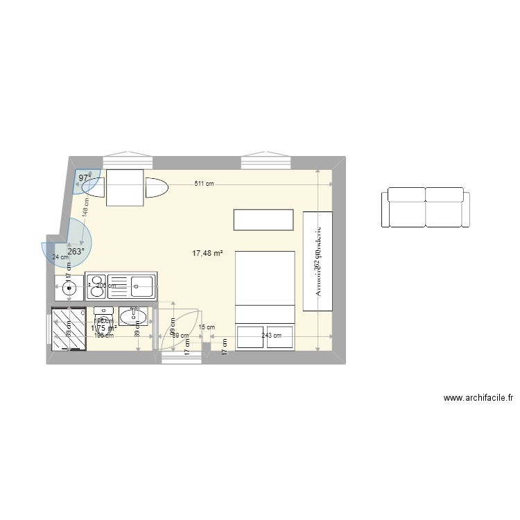 studio travaux chere 4 bon. Plan de 2 pièces et 19 m2