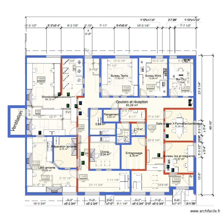 Plan fenêtres - 264 de l'indurtrie. Plan de 14 pièces et 267 m2