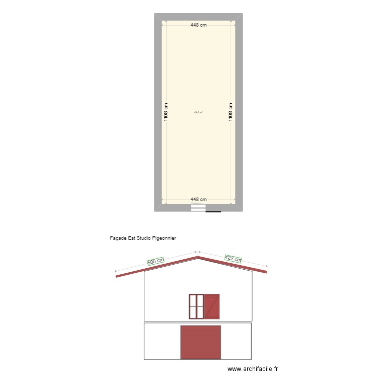 pigeonnier plan masse avec façade Est. Plan de 1 pièce et 50 m2