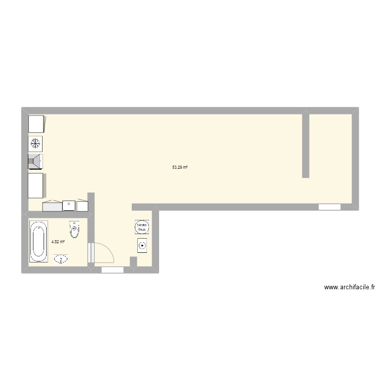 39e avant. Plan de 2 pièces et 58 m2