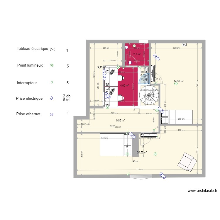 grenier 8. Plan de 8 pièces et 56 m2