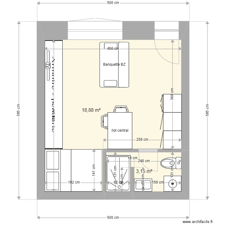 STUDIO RDC. Plan de 2 pièces et 22 m2