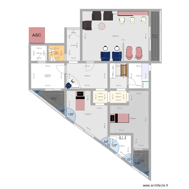 Salon coiffure. Plan de 16 pièces et 119 m2