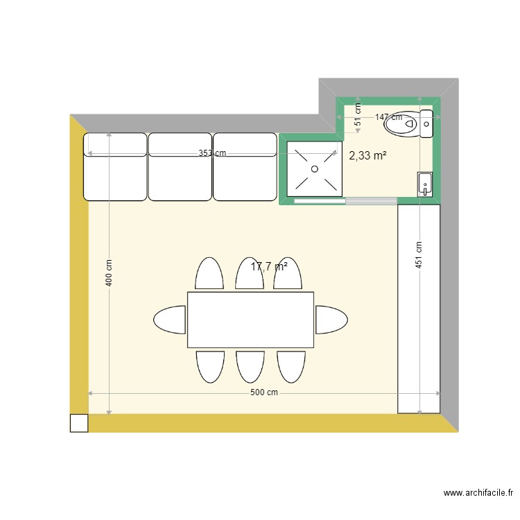 Cuisine été v2. Plan de 2 pièces et 23 m2