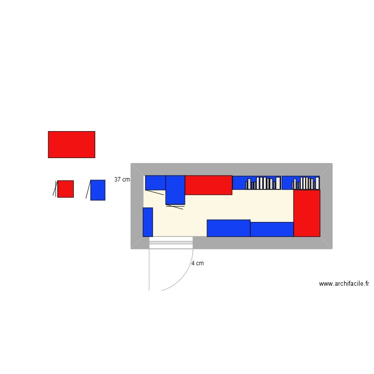 la CAVE V5 avec meuble cuisine en 60 de prof + Mini biblio 60x20. Plan de 1 pièce et 5 m2