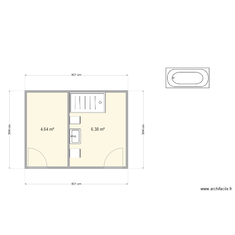 SDB maison. Plan de 2 pièces et 11 m2