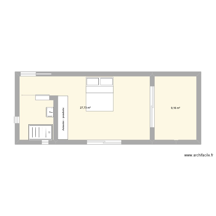 chambre côté mer. Plan de 2 pièces et 37 m2
