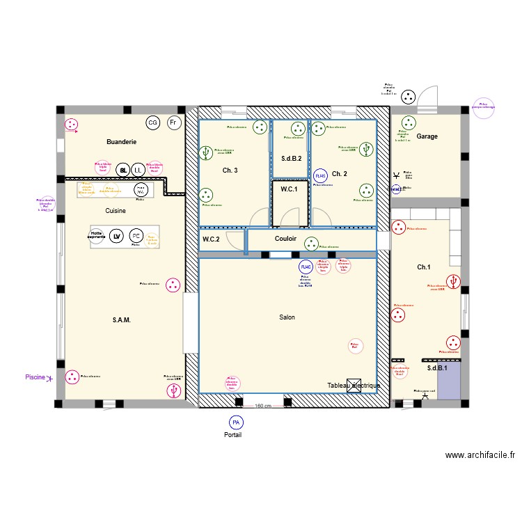 Grange prises. Plan de 4 pièces et 154 m2