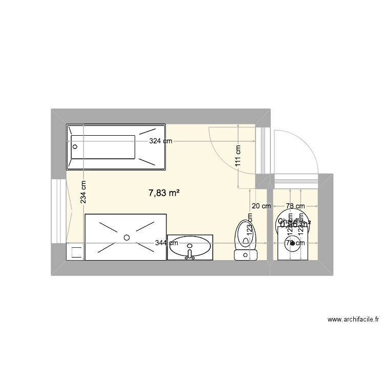 bathie. Plan de 2 pièces et 9 m2