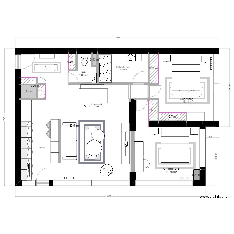 Plan appartement Projet 1 Détails menuisuerie. Plan de 13 pièces et 70 m2
