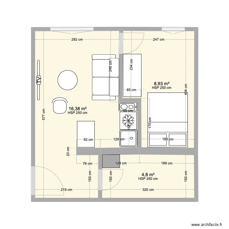 PLAN BELLECOMBE - AMMENAGEMENT . Plan de 3 pièces et 30 m2