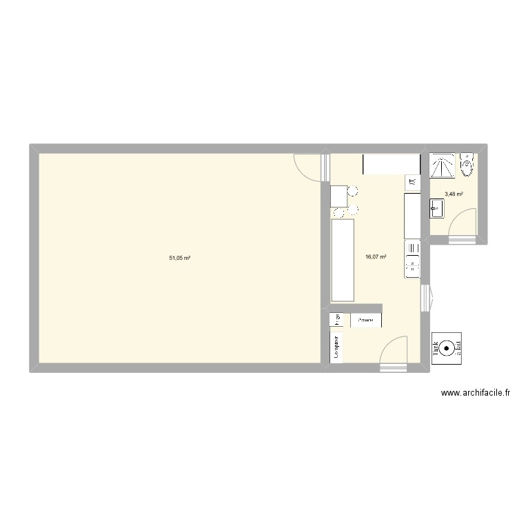 Fromagerie. Plan de 3 pièces et 71 m2