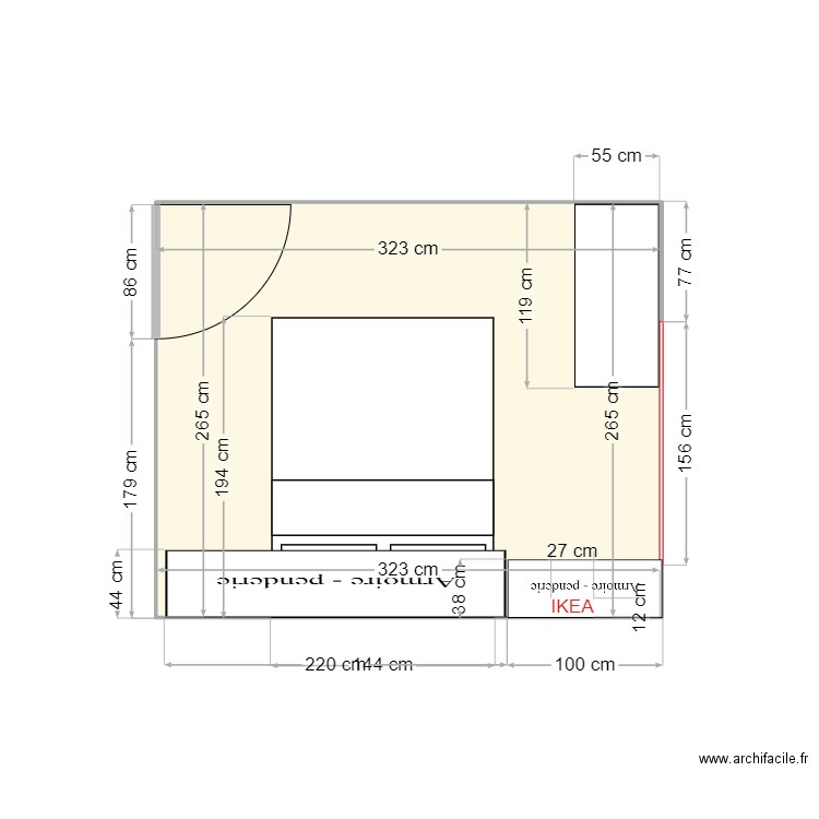 Chambre Leucate Bureau option initiale. Plan de 1 pièce et 9 m2