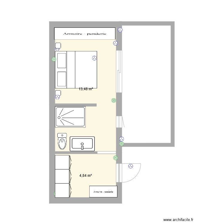 Chambre S de B Cyril version 2. Plan de 2 pièces et 18 m2
