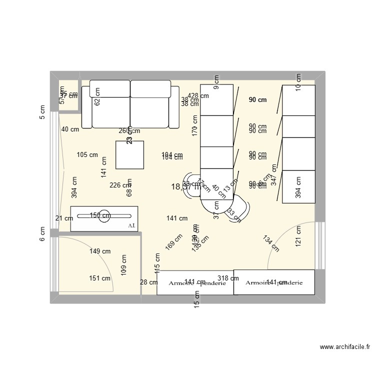 cuisine/salon. Plan de 1 pièce et 18 m2