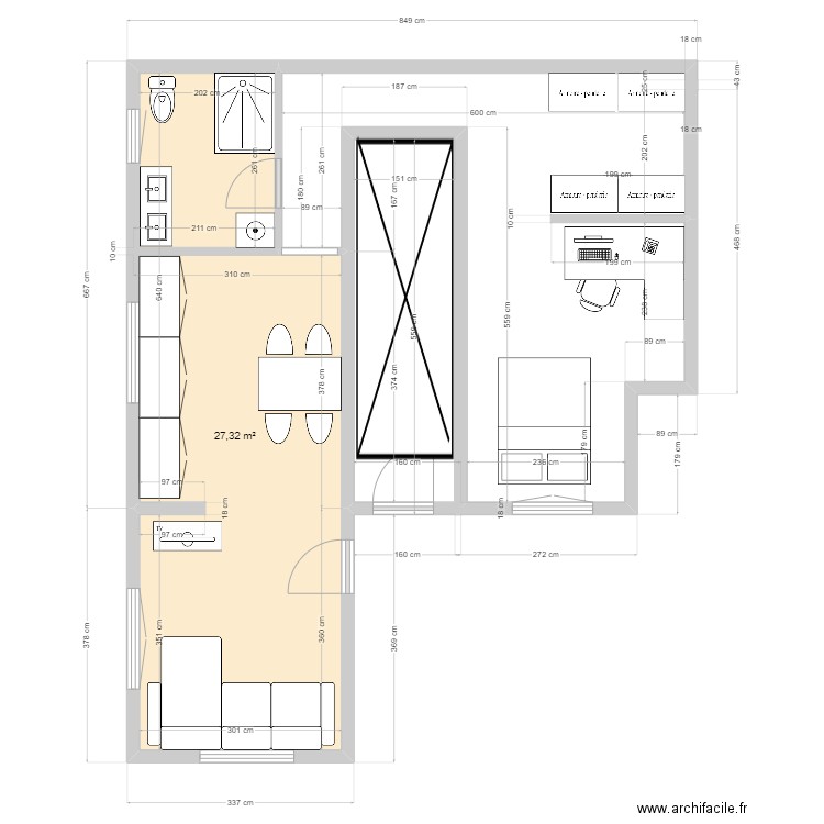 touraine. Plan de 1 pièce et 27 m2