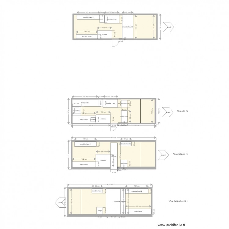 VASP 3 plans (du dessus, 2 latérals). Plan de 4 pièces et 43 m2