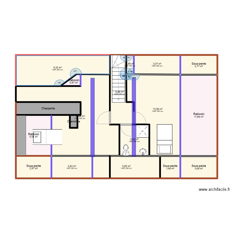 Etage_version après trémie version SDB réduite. Plan de 18 pièces et 94 m2