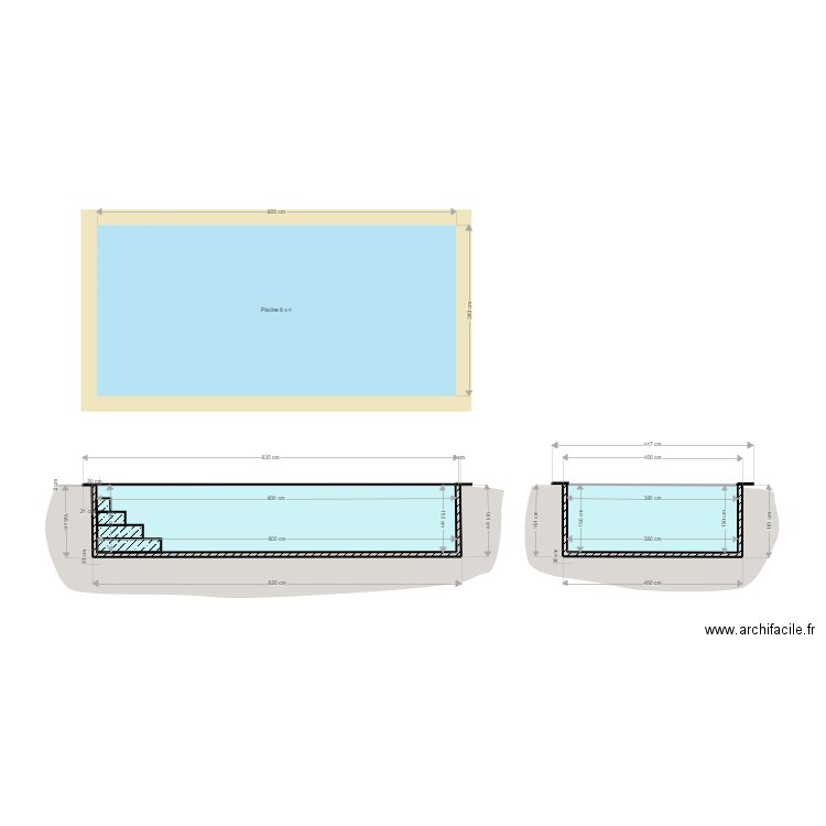 Plan de coupe piscine . Plan de 2 pièces et 18 m2