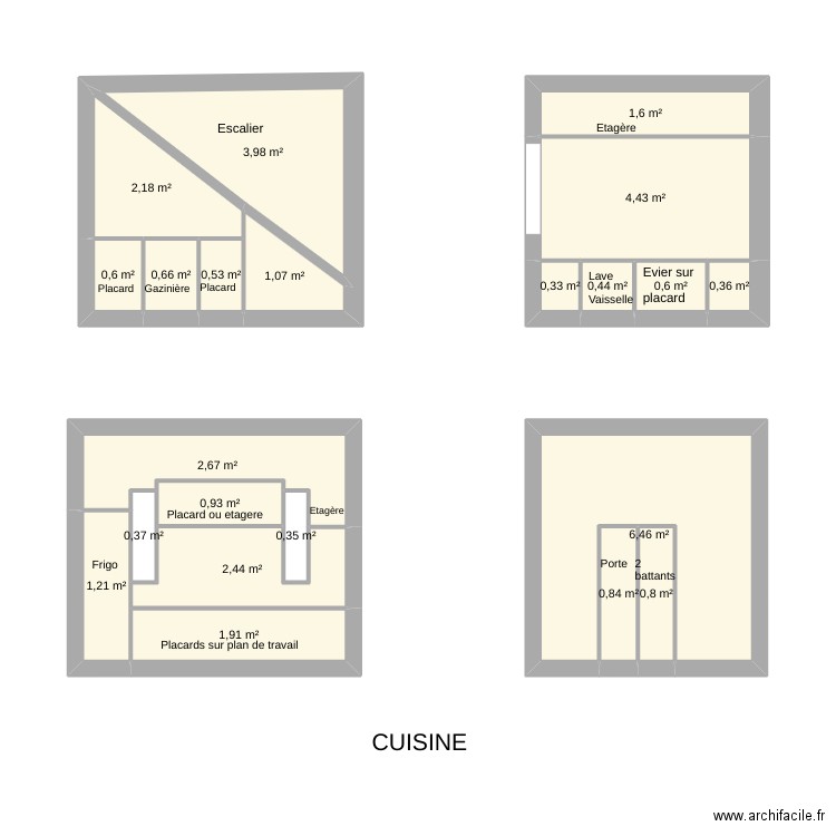 cuisine. Plan de 22 pièces et 35 m2