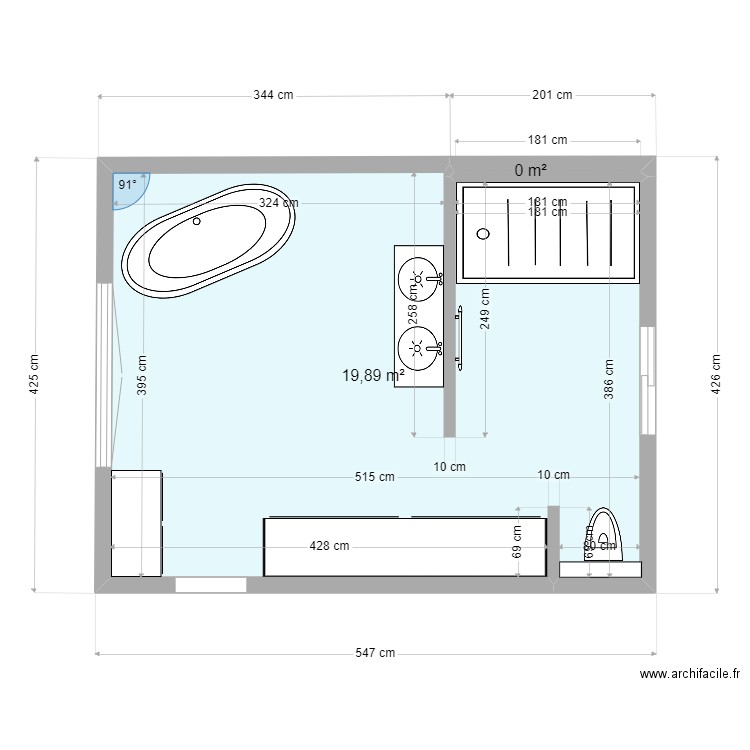 salle de bain 3. Plan de 2 pièces et 20 m2
