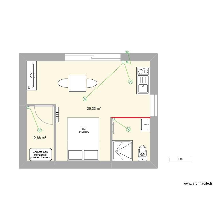 Fanie eclairage 2. Plan de 2 pièces et 23 m2