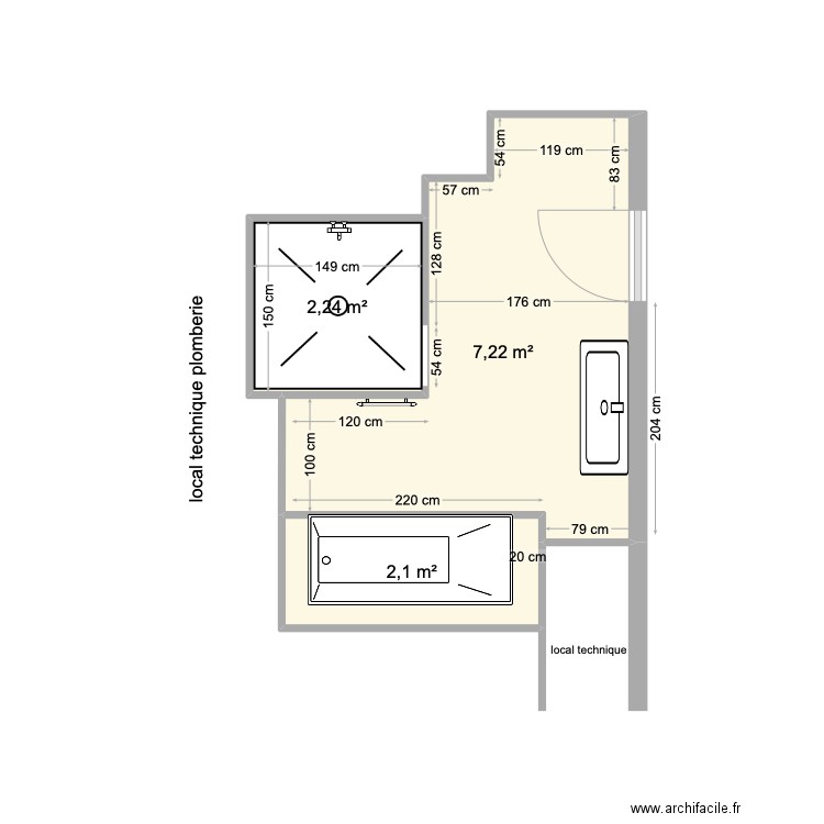 SDB LEGRAS. Plan de 3 pièces et 12 m2