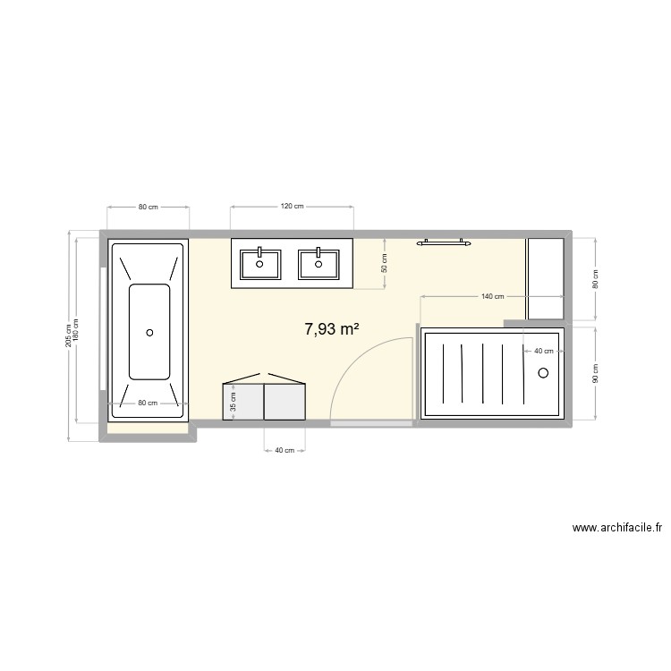Salle de bain  2 bis. Plan de 1 pièce et 8 m2