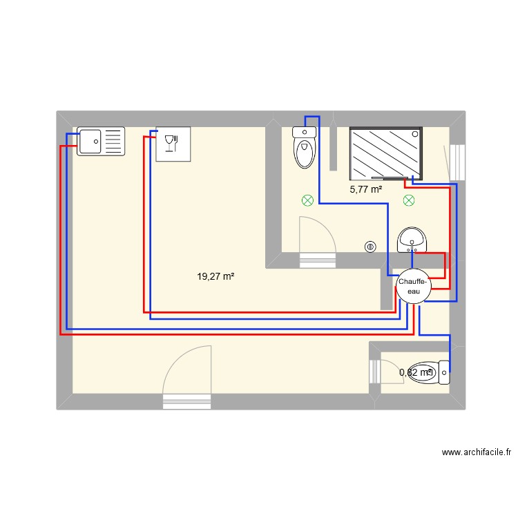 plomberie. Plan de 3 pièces et 26 m2