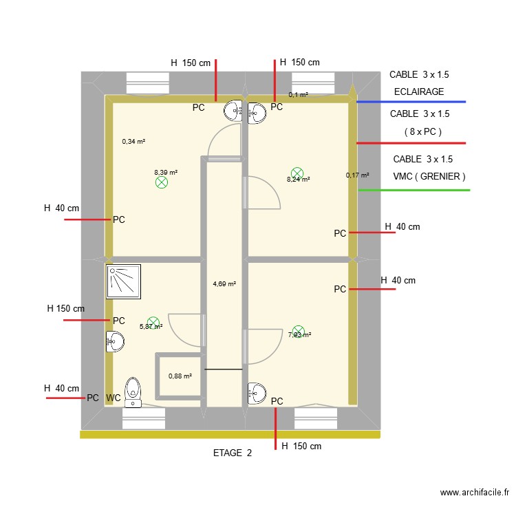 ETAGE. Plan de 9 pièces et 37 m2