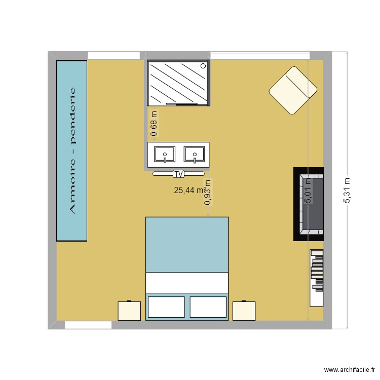 chambre parentale 2. Plan de 1 pièce et 25 m2