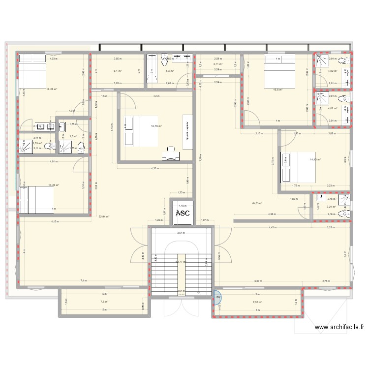RDC. Plan de 48 pièces et 1664 m2