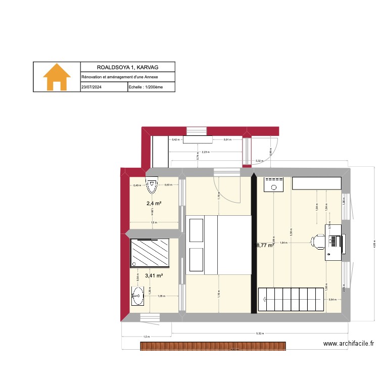 Renovation Annexe. Plan de 3 pièces et 25 m2