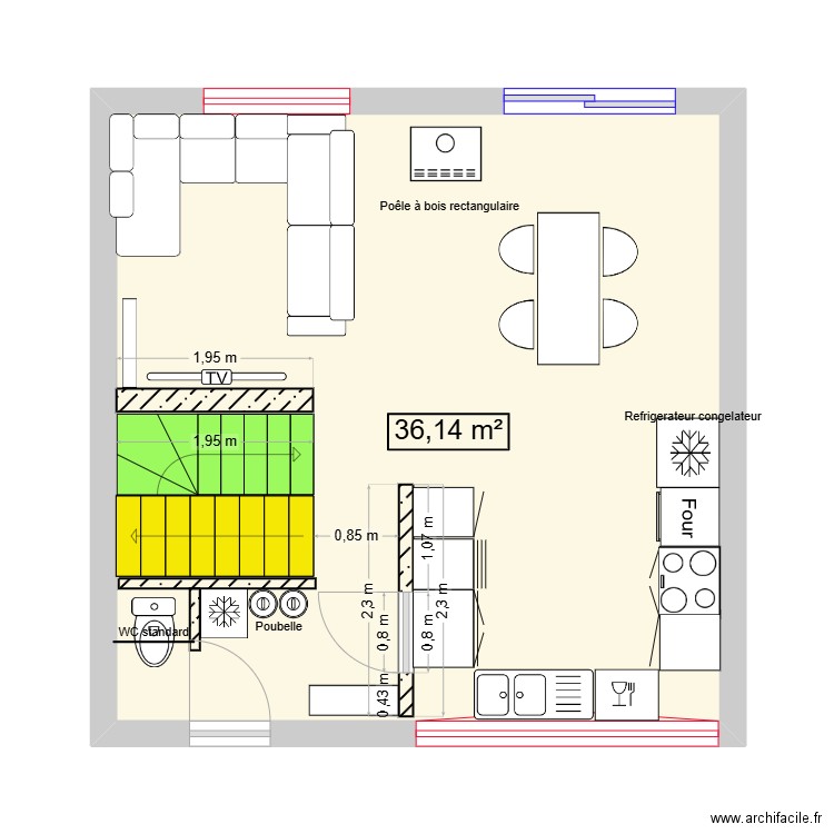 terrasse. Plan de 1 pièce et 36 m2
