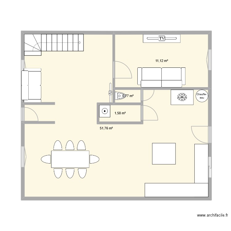 RDC. Plan de 4 pièces et 65 m2