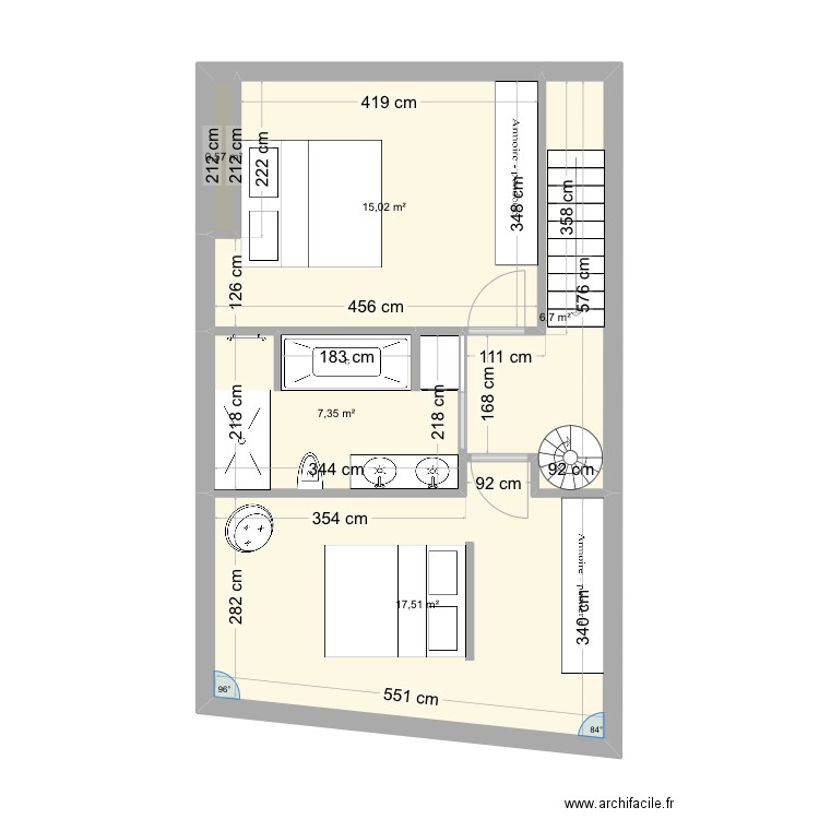 Etage Abis. Plan de 5 pièces et 47 m2