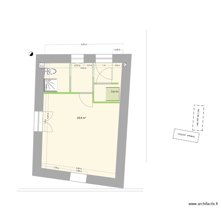 Réserve coco. Plan de 1 pièce et 30 m2