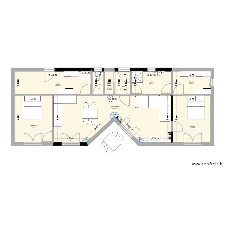 maison 2 chambres et terrasse M2. Plan de 9 pièces et 79 m2