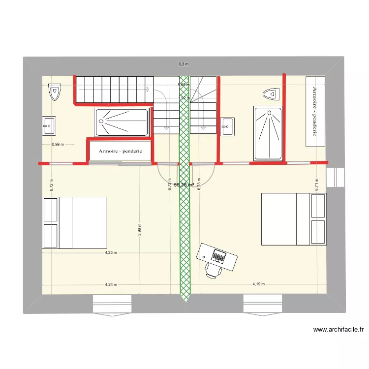 Solivage. Plan de 1 pièce et 56 m²