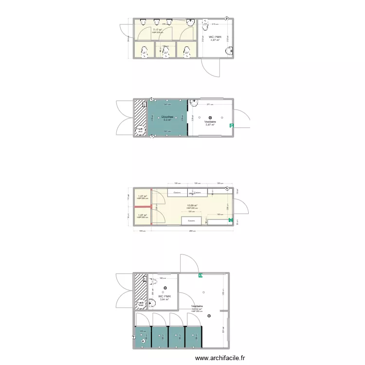 Vestiaire 14 m&sup2; avec casiers. Plan de 