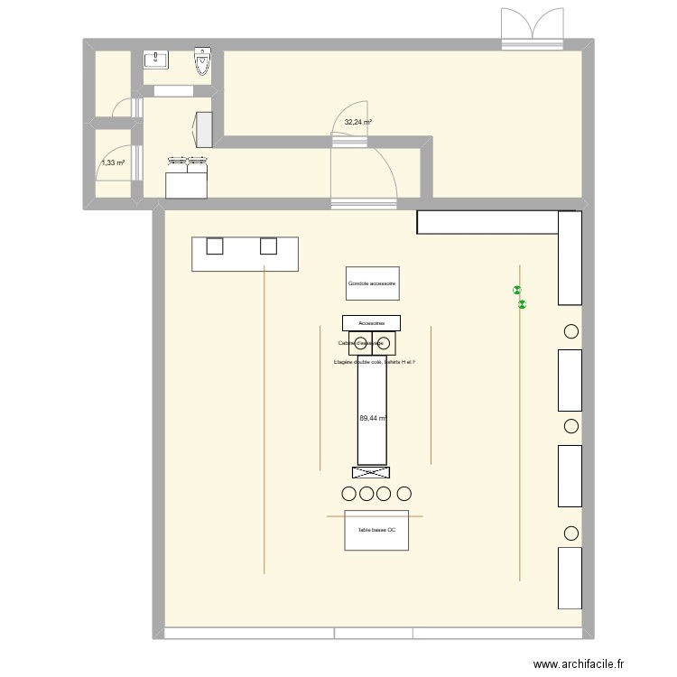 magasin. Plan de 3 pièces et 123 m2