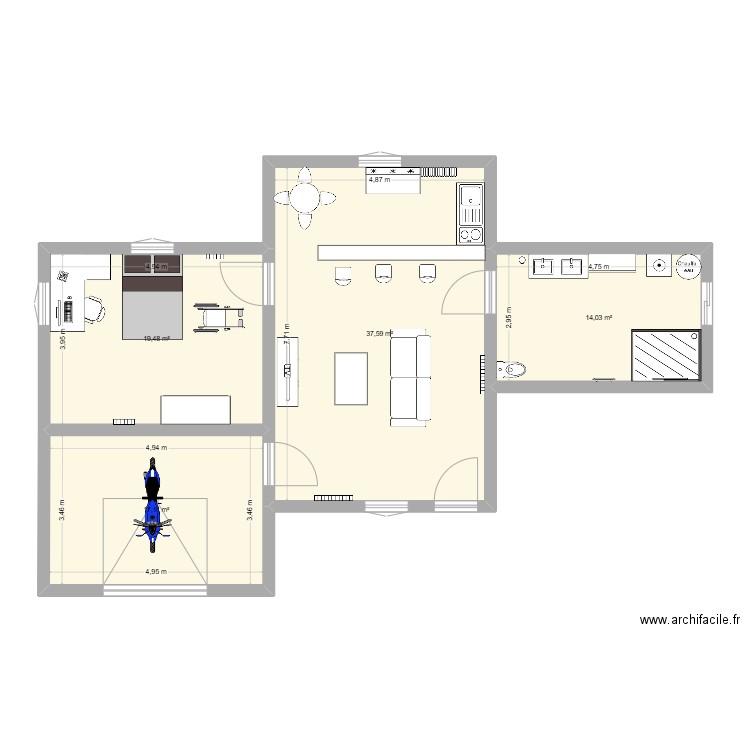 travaille. Plan de 4 pièces et 88 m2