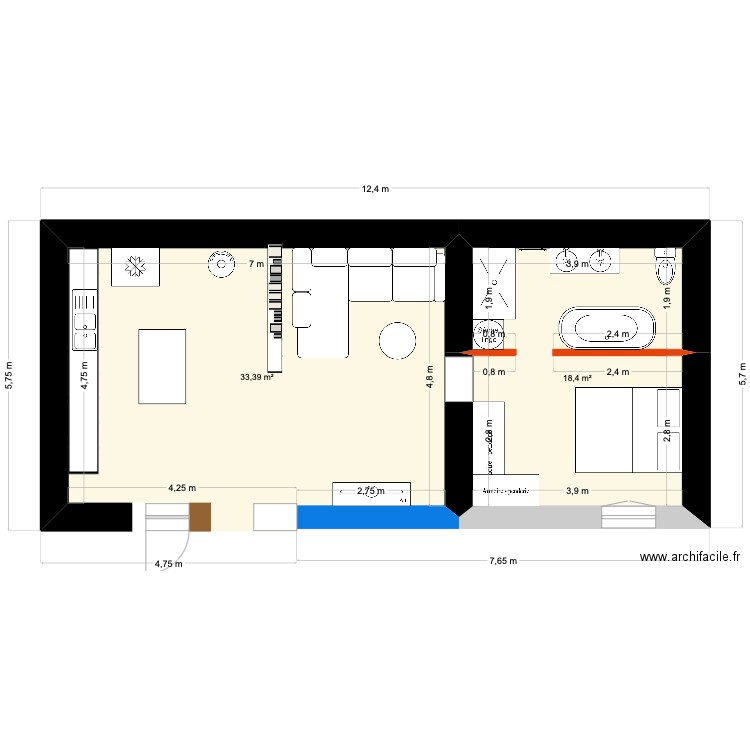 apart ferme. Plan de 2 pièces et 52 m2