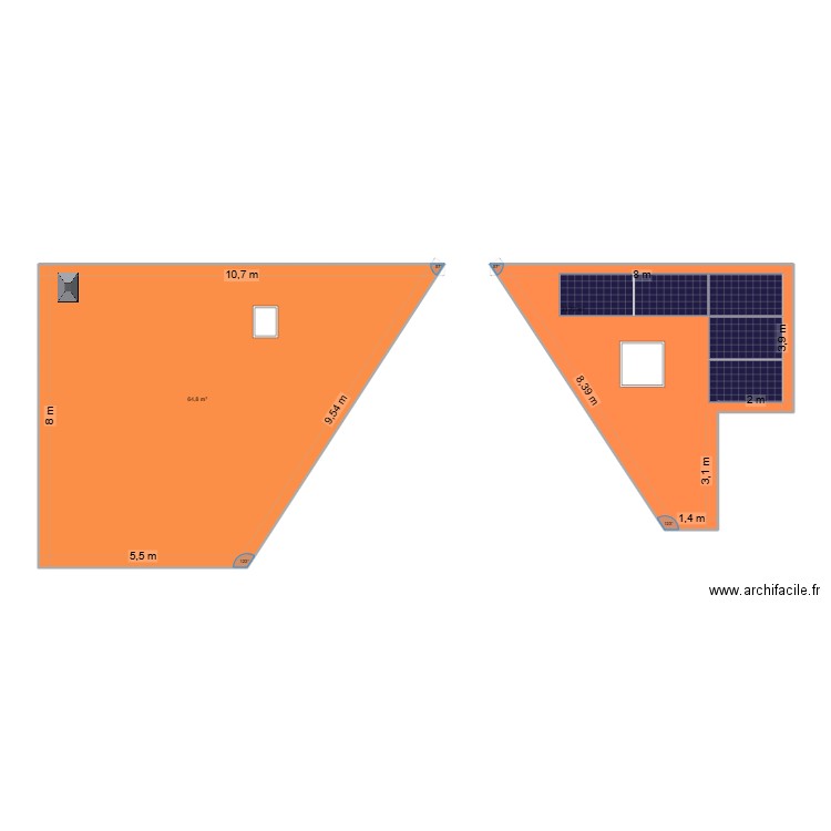 Toit façade SW. Plan de 2 pièces et 99 m2