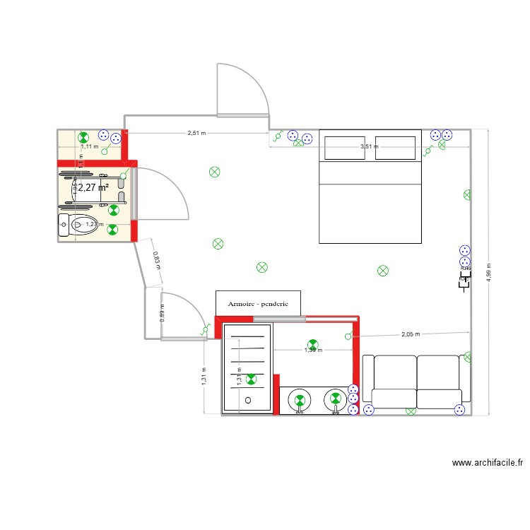 Suite hotelière. Plan de 1 pièce et 2 m2