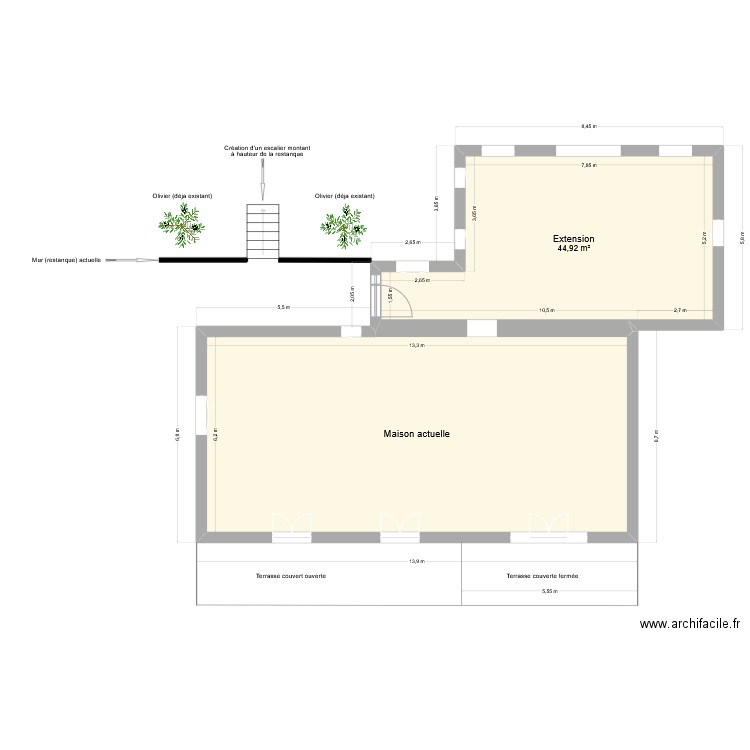 Extension - Sans terrasse + extérieur. Plan de 2 pièces et 127 m2