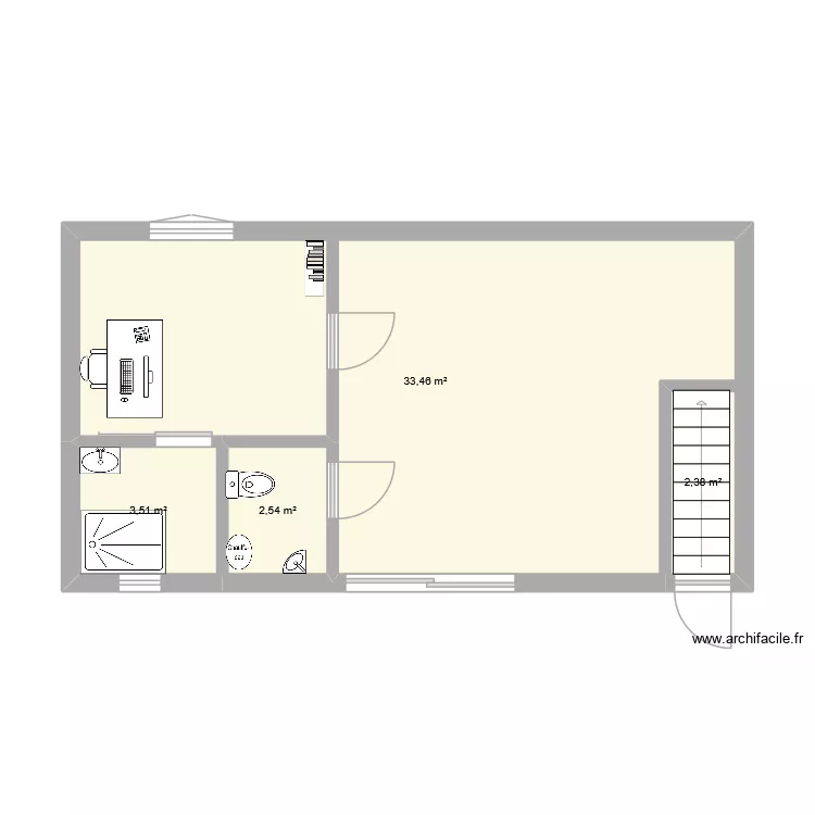 Gite 2, rez de chauss&eacute;e. Plan de 3  et 42 m²